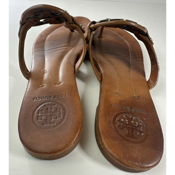 *Damaged Tory Burch Miller Leather Thong Sandals Flat Flip Flops Gold Logo 7.5 M - Picture 13 of 16